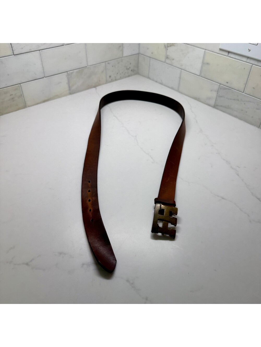 Vtg 90s Tommy Hilfiger Brown Leather Belt Brass TH Monogram Plaque Buckle 50"